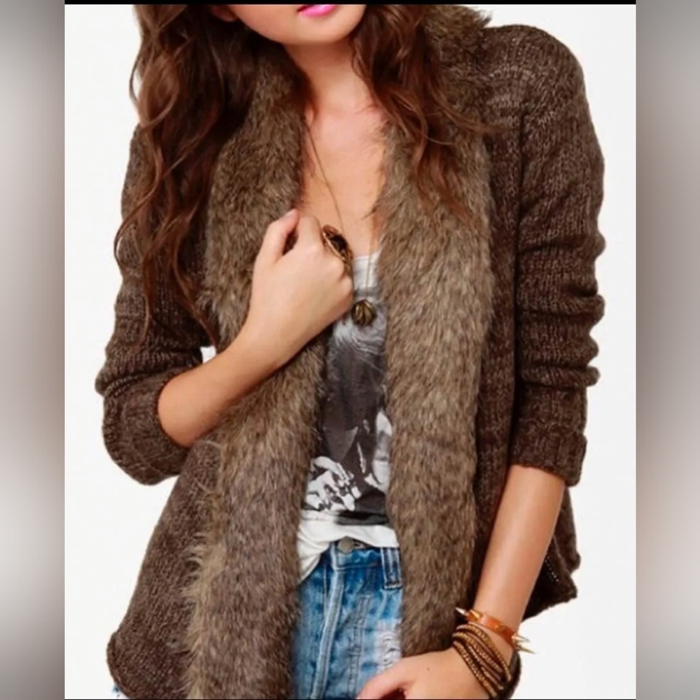 Jack by BB Gill Faux Fur Trim Open Knit Cardigan
